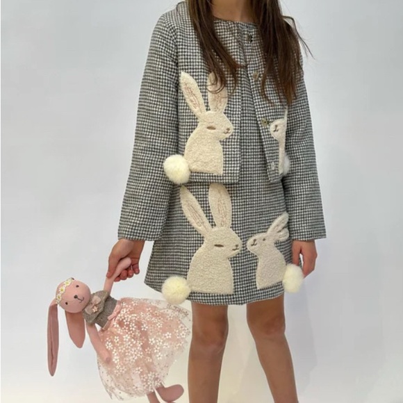 Lola + The Boys Other - Lola + The Boys Gray Houndstooth Dress and Jacket Set with Cream Bunny Appliqués